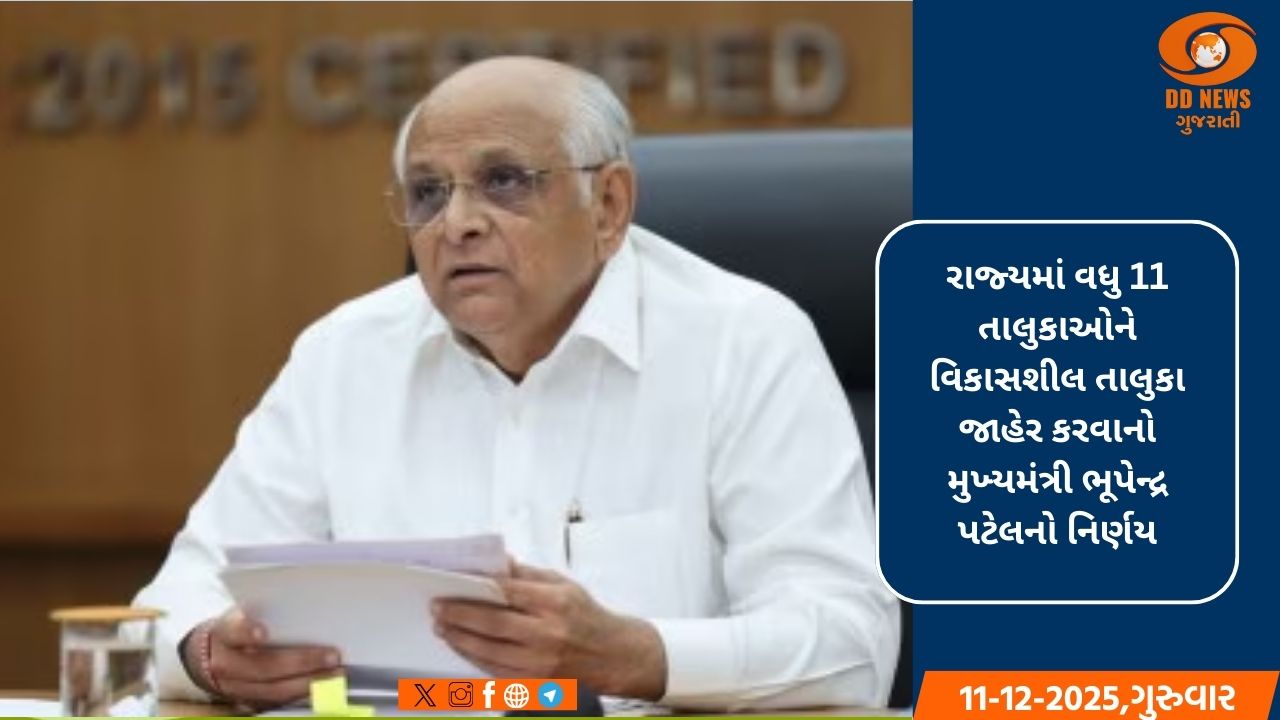 મુખ્યમંત્રી ભૂપેન્દ્ર પટેલે રાજ્યમાં વધુ 11 તાલુકાઓને વિકાસશીલ તાલુકાઓ જાહેર કરવાનો નિર્ણય 