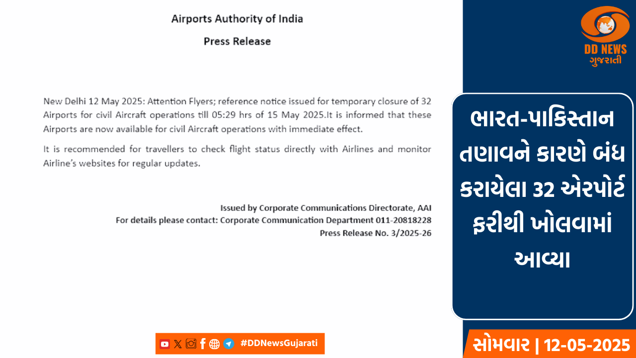 દેશના 32 એરપોર્ટ પર 15 મે સુધી ઉડાણ પર લગાવાયેલ પ્રતિબંધ હટાવાયો
