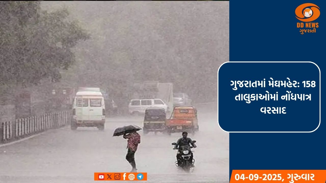 ગુજરાતમાં મેઘમહેર: 158 તાલુકાઓમાં નોંધપાત્ર વરસાદ, નર્મદા અને સુરતમાં સૌથી વધુ