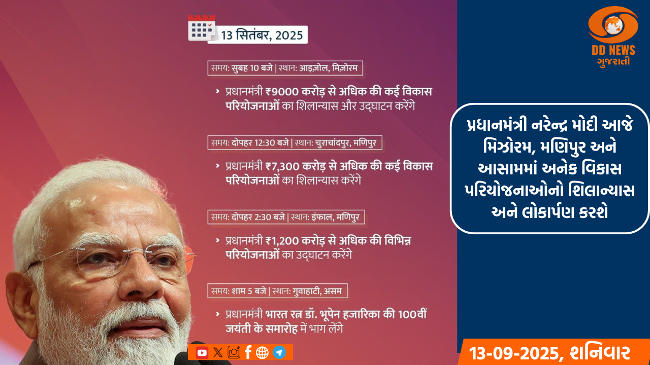પ્રધાનમંત્રી નરેન્દ્ર મોદી આજે મિઝોરમ, મણિપુર અને આસામમાં અનેક વિકાસ પરિયોજનાઓનો શિલાન્યાસ અને લોકાર્પણ કરશે