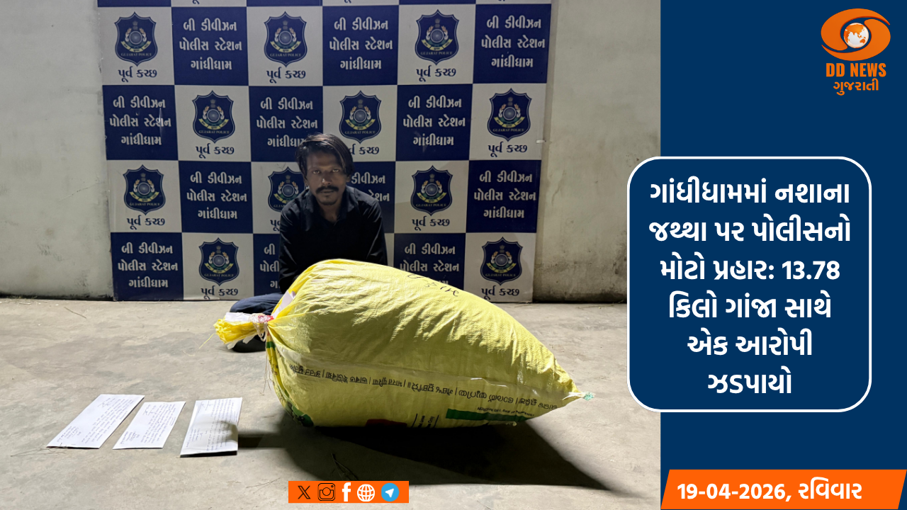 ગાંધીધામમાં નશાના જથ્થા પર પોલીસનો મોટો પ્રહાર: 13.78 કિલો ગાંજા સાથે એક આરોપી ઝડપાયો