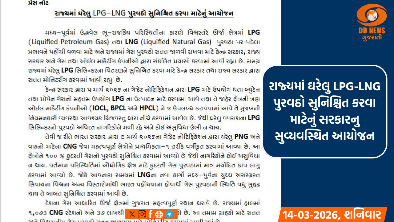 રાજ્યમાં ઘરેલુ LPG-LNG પુરવઠો સુનિશ્ચિત કરવા માટેનું સરકારનુ સુવ્યવસ્થિત આયોજન