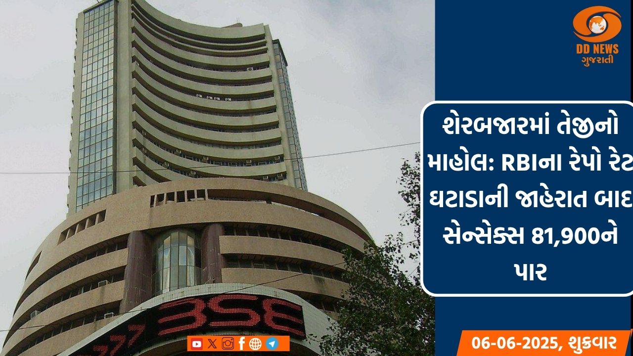 શેરબજારમાં તેજીનો માહોલ: RBIના રેપો રેટ ઘટાડાની જાહેરાત બાદ સેન્સેક્સ 81,900ને પાર