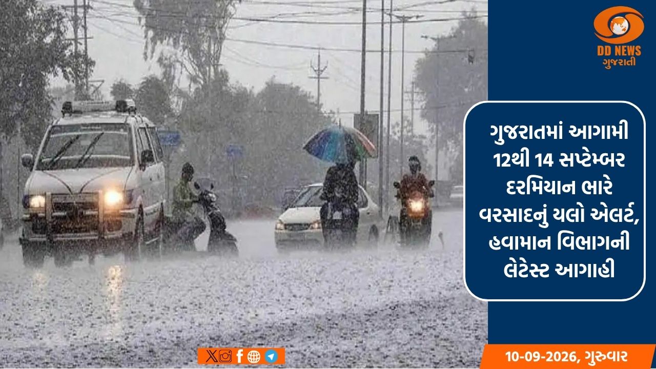 ગુજરાતમાં આગામી 12થી 14 સપ્ટેમ્બર દરમિયાન ભારે વરસાદનું યલો એલર્ટ, હવામાન વિભાગની લેટેસ્ટ આગાહી
