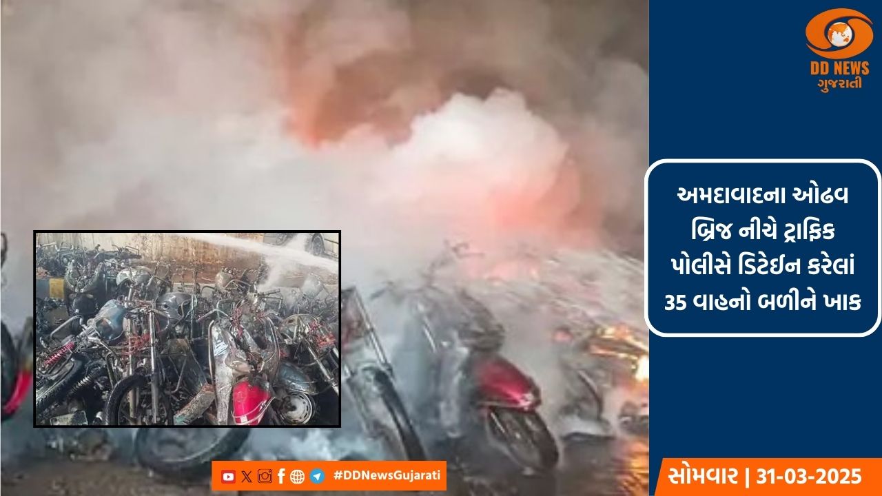 અમદાવાદના ઓઢવ બ્રિજ નીચે ટ્રાફિક પોલીસે ડિટેઈન કરેલાં 35 વાહનો બળીને ખાક