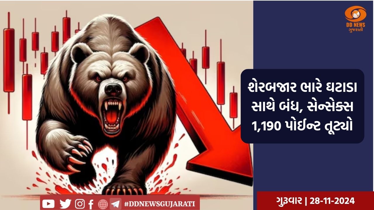 શેરબજાર ભારે ઘટાડા સાથે બંધ, સેન્સેક્સ 1,190 પોઈન્ટ તૂટ્યો