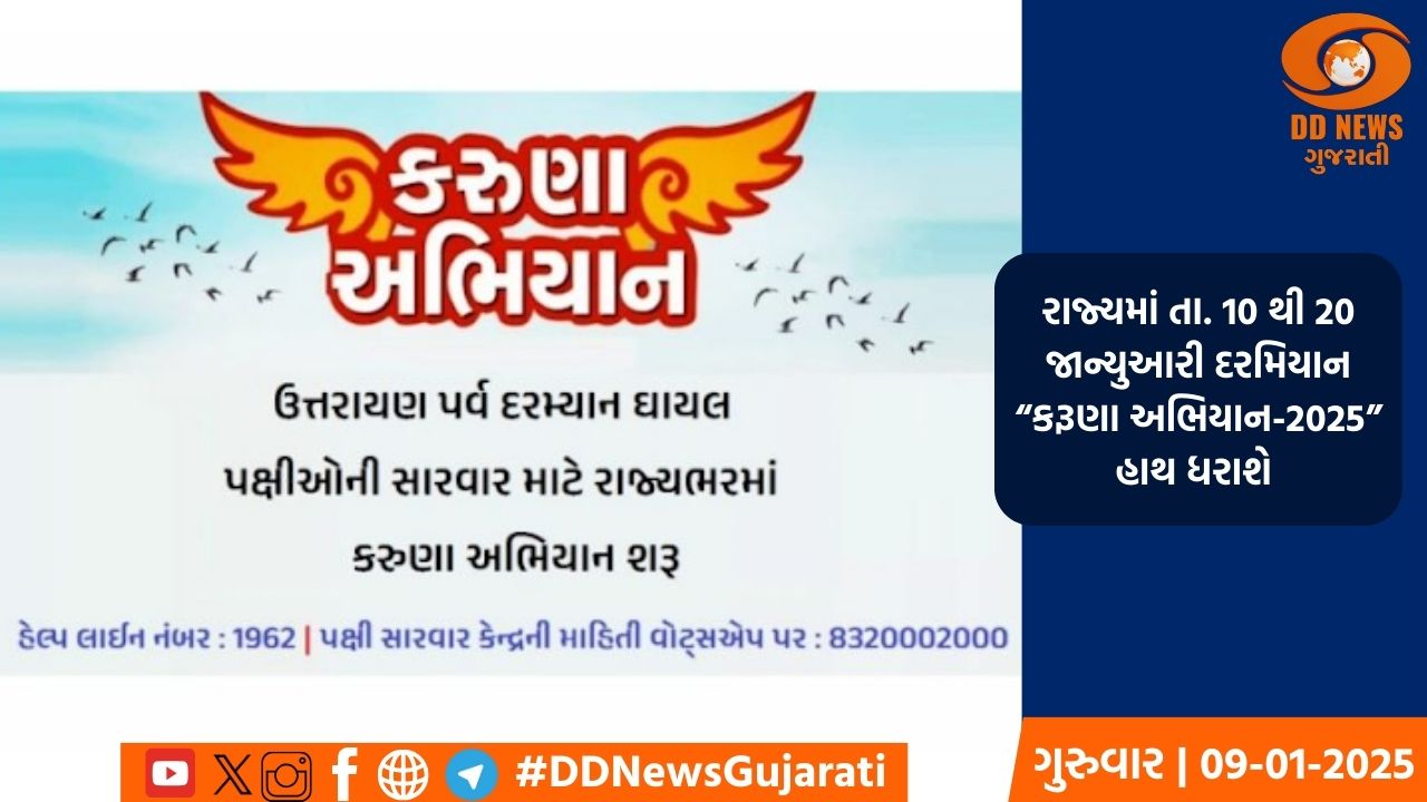 રાજ્યમાં તા. 10 થી 20 જાન્યુઆરી દરમિયાન “કરૂણા અભિયાન-2025” હાથ ધરાશે 